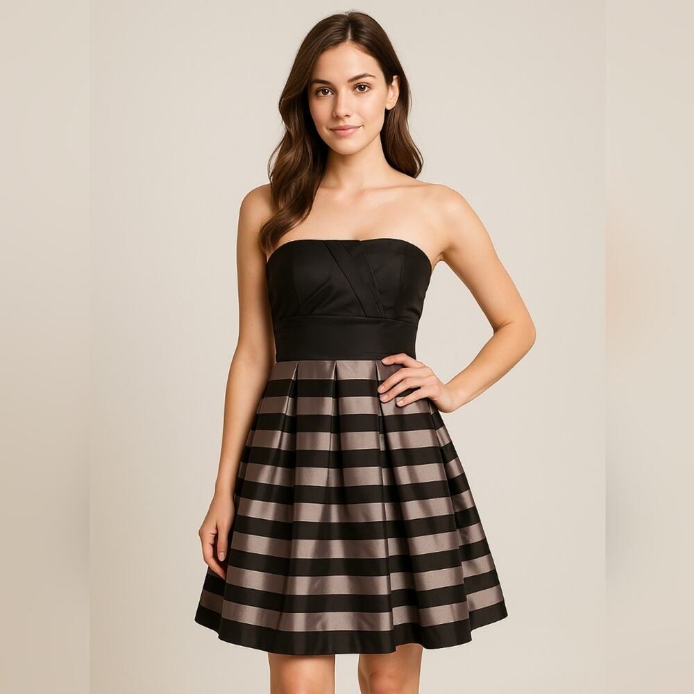 Teeze me strapless black/ silver striped A Line party cocktail dress size 7